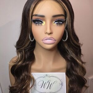 Wavy Brown Human Hair Wig with Highlights
